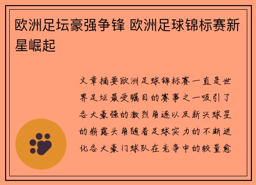 欧洲足坛豪强争锋 欧洲足球锦标赛新星崛起