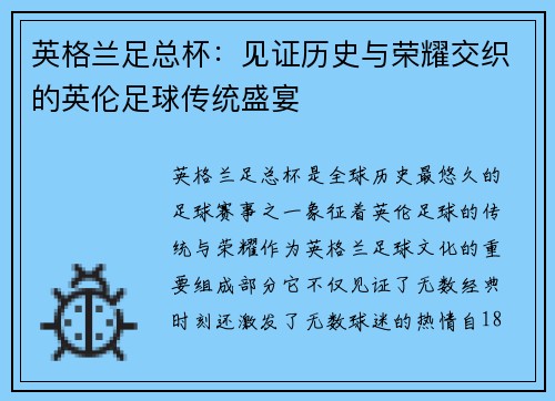 英格兰足总杯：见证历史与荣耀交织的英伦足球传统盛宴