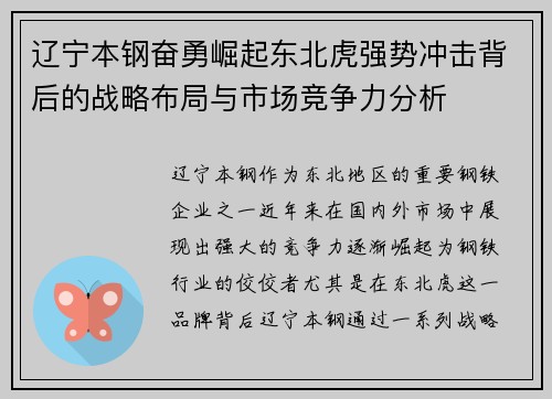辽宁本钢奋勇崛起东北虎强势冲击背后的战略布局与市场竞争力分析